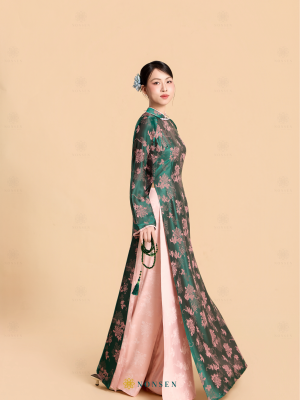 Áo dài Cúc Đại Đóa xanh rêu